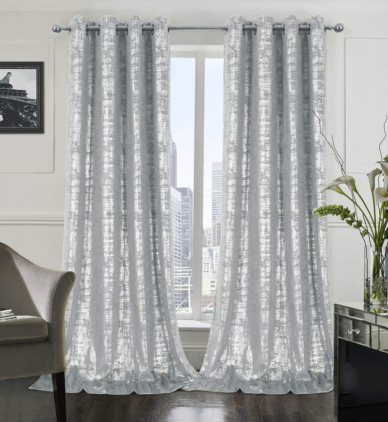 always4u Soft Velvet Curtains 108 Inch Length Long Luxury Bedroom Curtains Silver Foil Print Window Treatments for Living Room Set of 2 Silver - Image 1